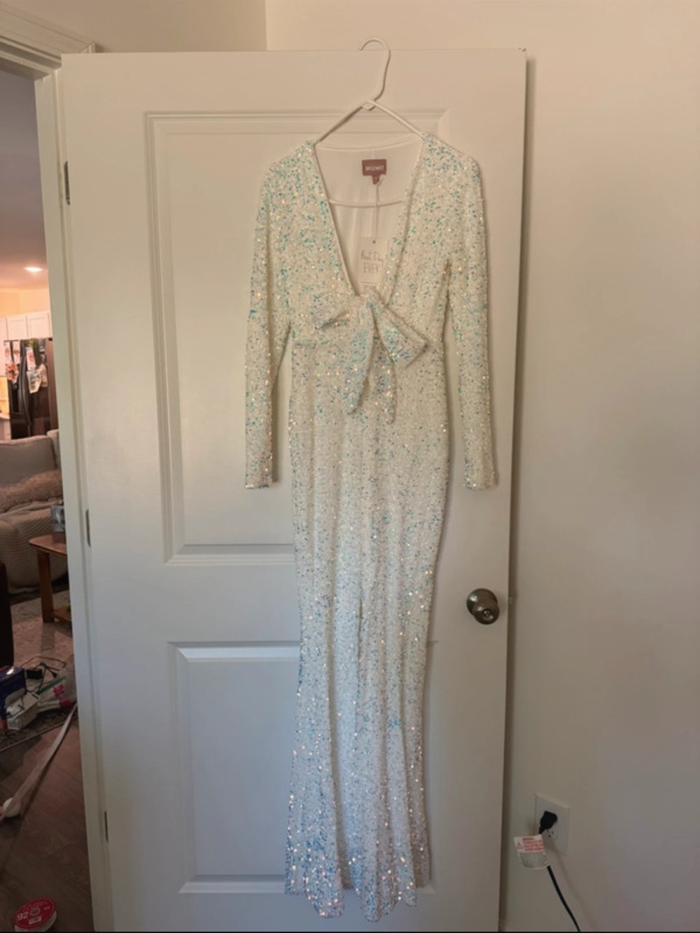 Show Me Your MuMu White Sequin Tie-Front Long Sleeve Dress